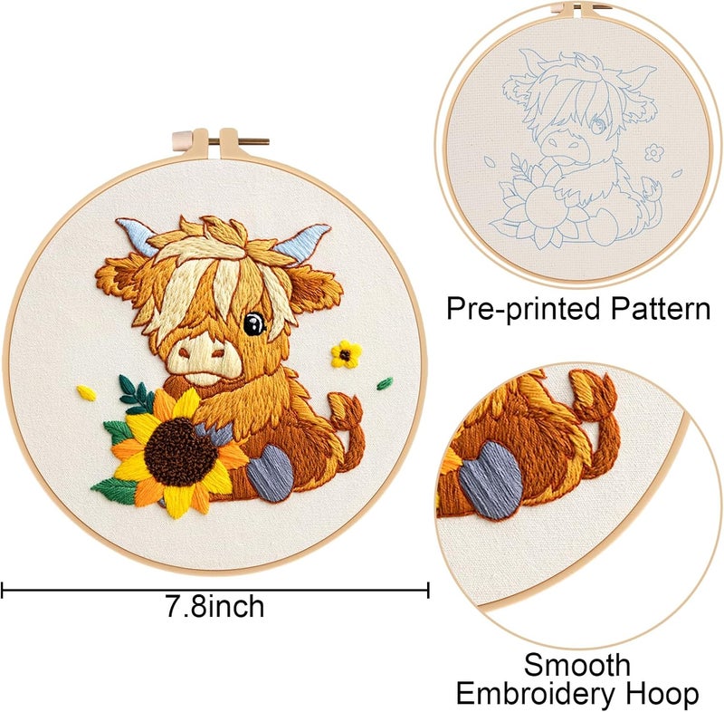 Nuberlic Highland Cow Embroidery Kit 3 Pack Embroidery Kits for Adults Beginners Starter Cross Stitch Kit Set with Floral Designs - Perfect DIY Gift - Image 5